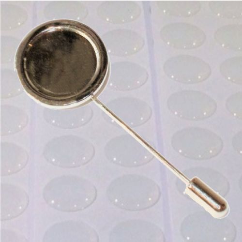 Stick Pin Blank 16mm Round Silver and clear dome